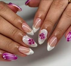 ♡ 3D pink floral with white pearl polish ♡ 100% Handmade ♡ High end salon quality  ♡ 6 shapes available, choose from option (*In our photos, it is short almond)  ♡ One sheet of nail glue sticker is included  ♡ Each set contains 10 false nails (see attached size chart image and put your sizes in the notes section for each nail: Thumb, Index, Middle, Ring, Pinkie) ♡ Handling time 3-5 days since they are all handmade :)  ♡ Free shipping 💖 How to order  1. Choose size 2. Choose shape How to use: 1. Orchid Nails, Nagel Design, Nagel Tips, Easy Nails, Fake Nails With Glue, White Nail, Nails Inspo, Artificial Nails