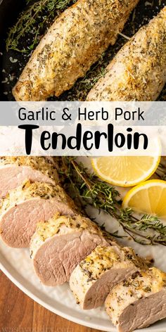 garlic and herb pork tenderizer on a plate with lemons