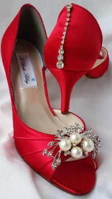 Red Wedding Shoes with Crystal and Pearl Design.  Crystal Back Red Bridal Shoes. Red Bridal Shoes, Peep Toe Wedding Shoes, Shoes Everyday, Red Wedding Shoes, How To Dress For A Wedding, How To Dye Shoes, Wedding Shoes Bride, Red Bottom, Bridal Heels