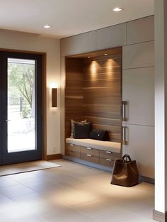 Entryway Inspiration: Contemporary Bench Storage Hallways With Storage, Hallway Ideas With Storage, House Entrances Inside, Entryway With Mudroom, Entrance To Home Ideas, House Design Entryway, Hallway Ideas Doors, New Build Entryway, Foyer Ideas Entryway Shoe Cabinet