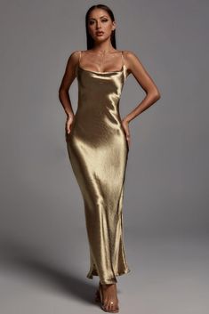 Buy Emily Metallic Gold Maxi Dress at the best price with offers in Bellabarnett. Emily Metallic Gold Maxi Dress Free shipping order from $100. Long Gold Silk Dress, Gold Wedding Guest Dress, Gold Slip Dress, Gala Time, Gold Formal Dress, Dress Stores, Bellabarnett Dress, Metallic Gold Dress, Gold Maxi Dress