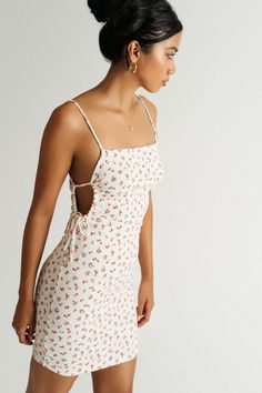 Ivory Fitted Floral Mini Dress - Cut Out Ribbed Dress Ribbed Mini Dress, Ribbed Dress, Side Cuts, Ribbed Dresses, Summer Look, Dress Cuts, Floral Mini Dress, Flower Pattern, Summer Looks