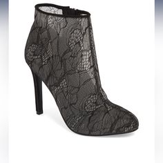 Jessica Simpson Stacie Lace Bootie 4" Heel (Size 8.5) 3 1/2" Shaft Side Zip Closure New Never Worn Elegant Party Booties With 4-inch Heel, Party Ankle Booties With 4-inch Heel, Formal Ankle-high Booties With 4-inch Heel, Elegant Ankle-high Booties With 4-inch Heel, Black Party Booties With 4-inch Heel, Black Booties With 4-inch Heel For Party, Elegant High Heel Booties, Evening High Heel Booties For Fall, Elegant High Heel Platform Booties