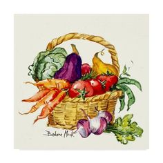 a painting of vegetables in a basket