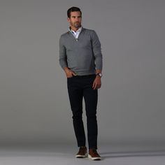 The Luxury Touch Cotton and Cashmere Quarter Zip Sweater is the ultimate layering piece to complete any gentleman's wardrobe. Crafted with the highest quality cashmere cotton blend, this quarter zip sweater provides ultra soft breathability with durability – simple to wash and easy to maintain. Our special cashmere cotton blend adds a luxurious feel without comprising the strength and longevity of this must-have sweater. The added detail of the quarter zip brings an elevated style that pairs per Polo Sweater For Layering In Fall, Polo Quarter Zip Outfit, Grey Quarter Zip Outfit, Quarter Zip Sweater Outfit, Quarter Zip Outfit Men, Zip Sweater Outfit, Quarter Zip Outfit, Polo Quarter Zip, Gentleman's Wardrobe