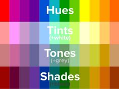 the words hues, tints, white tones grey and shades red on a multicolored background