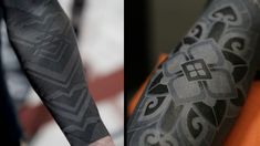 two pictures of different tattoos on the arms and arm, one with an abstract design