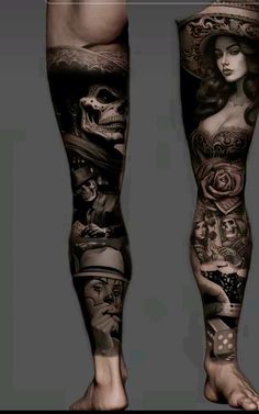 the legs and arms are covered in many different tattoos, including an image of a woman with