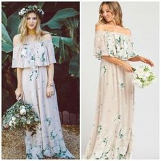 two pictures of women in dresses with flowers on them and one is wearing a flower crown