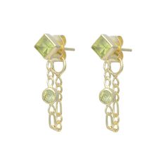 Evie 14K Gold Plated Sterling Silver Green Peridot Studs Never loose your back with these babies! Made with a gorgeous figaro chain these little cuties shine bright by themselves but also pair perfectly with almost any other earring. Made with handpicked green Peridot the top stud is a diamond Peridot leading down to a round shaped Peridot both sitting on the figaro chain which then wraps around the earlobe to the backing. Peridot set in gold is said to develop its full potential as a talisman. Gold Peridot Earrings Fine Jewelry, Yellow Gold Peridot Dangle Earrings, Gold Peridot Gemstone Earrings, Peridot Dangle Earrings In Gold, Gold Peridot Earrings For May Birthstone, Peridot Gemstone Dangle Earrings, Dangle Peridot Gemstone Earrings, Lime Green Peridot Gemstone Earrings, Gold Schmuck