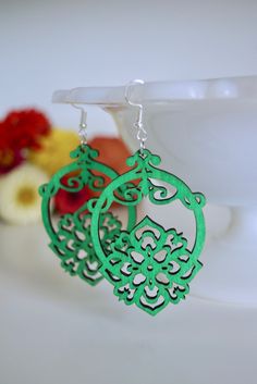 *Ready to Ship* Beautiful green laser cut earrings -Eye-catching -Light weight Fun addition to your jewelry collection! They also make a great gift! *ear wires are hypoallergenic nickel free <> Dramatic Earrings, Popular Earrings, Billings Mt, Laser Cut Earrings, Cut Earrings, Spring Earrings, Green Laser, Earrings Christmas, Yellow Earrings