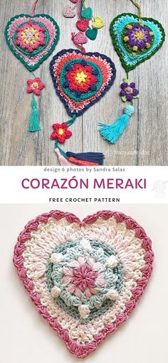 the crochet heart pattern is shown in two different colors and has been made with yarn