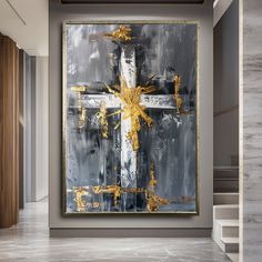 an abstract painting hangs on the wall next to some stairs in a modern style home