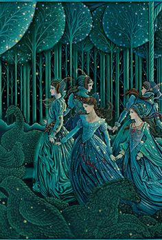 a painting of women in blue dresses walking through the woods with trees on either side