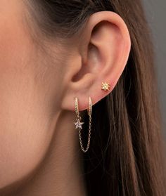 Connecting Chain Earrings, Hoop Earrings Double Piercing, Dangle Hoop Earrings With Cable Chain, Dainty Hoop Earrings With Delicate Chain Dangle, Dainty Drop Hoop Earrings With Adjustable Chain, Ear Piercings Chain, Ears Piercing, Double Piercing Earring, Gold Piercings