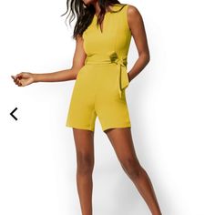 New York & Company Stretch Romper Size: Medium Retails For $64.95 Lime Green, Yellow Tie Waist, Back Zipper, Sleeveless, Hits Mid-Thigh, V-Neck 89% Polyester , 11% Spandex Never Worn, New With Tags Yellow Sleeveless Jumpsuits And Rompers For Work, Yellow Sleeveless Jumpsuit For Work, Chic Elastane Jumpsuits And Rompers For Spring, Chic Spring Jumpsuits And Rompers, Spring Elastane Jumpsuits And Rompers, Casual Spring Jumpsuits And Rompers, Tan Jumpsuit, Tube Top Jumpsuit, Olive Green Jumpsuit