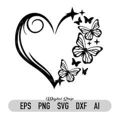 a heart with butterflies and stars on it, as well as the words epsp svg