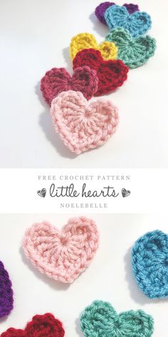 crocheted hearts are arranged in different colors