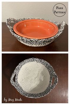 two different pictures of an orange and white bowl