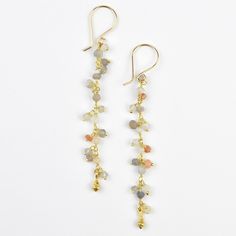 Long Peach Moonstone Dangle with Pod Earrings - Goldmakers Fine Jewelry Gold Dangle Gemstone Linear Earrings, Gold Long Drop Chandelier Earrings With Gemstones, Yellow Gold Wire Wrapped Long Drop Earrings, Cluster Jewelry, Artfully Designed, Mission Statement, Peach Moonstone, Crafted Jewelry, Moon Stone