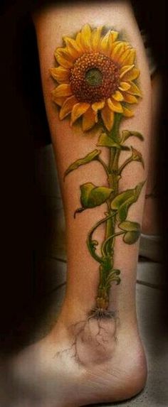 a sunflower tattoo on the leg with roots and leaves around it's center