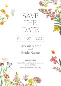 save the date card with wildflowers and butterflies in watercolor on white paper