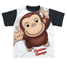 a white and black shirt with a cartoon monkey on it's chest that says curious george