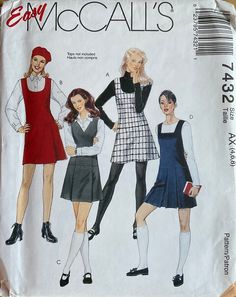 three women's dresses, one with short sleeves and an apron