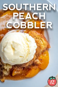 a white plate topped with peach cobbler and ice cream