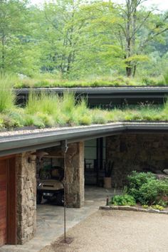 a green roof on the side of a building with grass growing on top of it