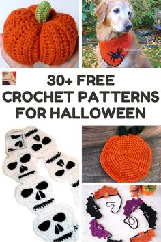 free crochet patterns for halloween including pumpkins, skulls and other decorations with text overlay that says 30 + free crochet patterns for halloween