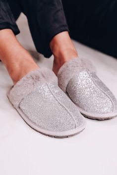 This fully lined faux fur slip on is a staple for your house.  They are so beautiful and trendy they would also make the perfect gift for the holidays. Round toe, silver glitter upper Soft cushy insole with slip resistant rubber tread Fits true to size Only available in whole sizes.  If you are a half size, size up.       ﻿*   Screen resolution/lighting may alter item color/design and brightness Pink Wheels, Pink Body, Ankle Support, Babydoll Top, Style Clothes, Pink Glitter, Over It, Silver Glitter, Mule Shoe