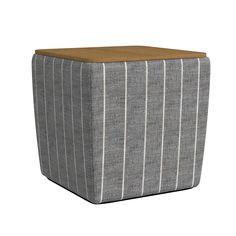 a grey and white striped cube ottoman with wood top on an isolated surface, viewed from the front