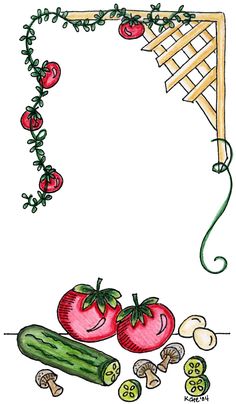 a drawing of tomatoes and cucumbers under a trellis