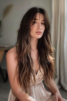 Woman with long, textured straight hair styled for soft movement Texture