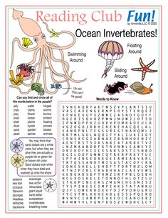 the reading club ocean inverterates worksheet is shown with words and pictures