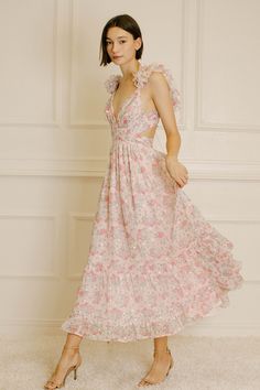 The Ivy floral maxi dress is perfect for any special occasion event this spring or summer. Featuring a maxi silhouette, plunging neckline, ruffled straps, empire waist, open back with criss-cross tie and lower back detail, this elegant dress is designed to flatter your body. An eye-catching floral print adds fashion fl Flower Maxi Dress, Pink Floral Maxi Dress, Floral Bridesmaid, Stylish Clothes For Women, Ruffled Maxi Dress, Tiny Flowers, Guest Outfit, Floral Midi Dress