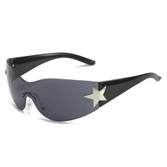 Stylish Design Elevate your style with our Steampunk Rimless Sport Star Sunglasses. Featuring a unique rimless design and oversized shape, these sunglasses are perfect for making a statement at your next party. UV400 Protection Enjoy the outdoors worry-free with UV400 protection that ensures your eyes stay shielded from harmful rays while you look fabulous. Elegant Touch The added star decoration on the side pieces provides an extra touch of luxury to your look, making these sunglasses a perfect Trendy Rimless Shield Sunglasses With Anti-reflective Coating, Black Rimless Shield Sunglasses For Party, Trendy Rimless Shield Sunglasses, Summer Streetwear Shield Sunglasses, Y2k Star, Casual Sunglasses, Y2k Sunglasses, Uv400 Sunglasses, نظارات شمسية