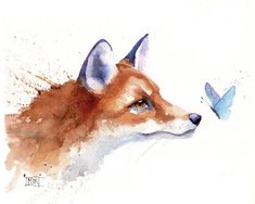 a watercolor painting of a fox and a butterfly