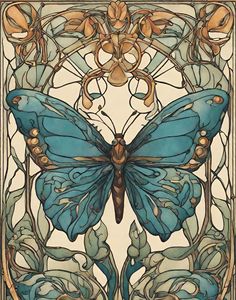 a blue butterfly sitting on top of a flowery design in a stained glass window