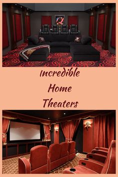 two different views of a home theater with red curtains and black couches in the middle