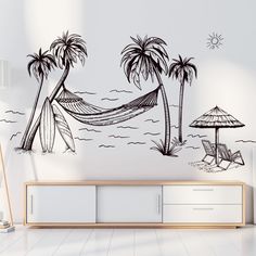 a living room with a hammock and palm trees on the beach wall decal