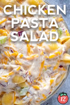 chicken pasta salad in a glass bowl with text overlay