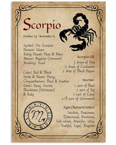 the zodiac sign for scorpio is displayed on an old parchment paper with black ink