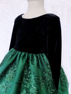 A gorgeous dress that can be worn for a Christmas party, birthday, photoshoot, or pageant! Long sleeve bodice is made out of soft velvet. The zipper can be found on the back of the dress. Comes with a detachable embroidery bow. The skirt is made out of a detailed embroidery fabric with lining underneath. One last layer of lining with crinoline attached underneath everything to give the dress shape. *Mannequin has petticoat to show detail. !PETTICOAT NOT INCLUDED! LINK TO PURCHASE PETTICOAT: http Velvet Dress Pattern, Long Sleeve Black Gown, Infant Flower Girl, Bow Gown, Girls Velvet Dress, Embroidery Bow, Newborn Flower, Blush Gown, Party Photoshoot