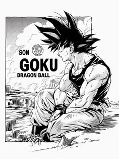 a black and white drawing of goku sitting on the ground with his head in his hands