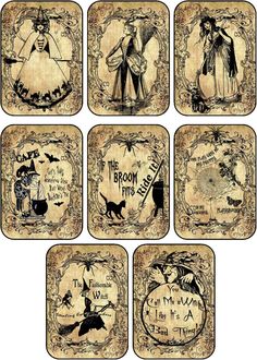 six halloween themed coasters with witches and cats