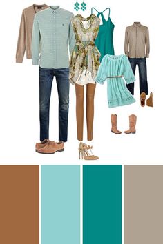 a couple of people standing next to each other in front of a color palette with blue, green and brown