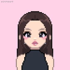 a pixel art girl with brown hair and blue eyes wearing a black dress, standing in front of a pink background