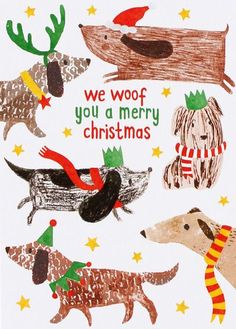 we woof you a merry christmas card with dogs in hats, scarfs and scarves